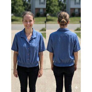 Vintage Westbound Blue Blouse XL Short Sleeve Smocked Waist Shoulder Pads 90s